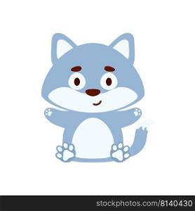 Cute little sitting wolf. Cartoon animal character design for kids t-shirts, nursery decoration, baby shower, greeting cards, invitations, bookmark, house interior. Vector stock illustration