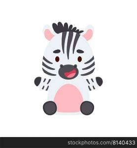 Cute little sitting zebra. Cartoon animal character design for kids t-shirts, nursery decoration, baby shower, greeting cards, invitations, bookmark, house interior. Vector stock illustration