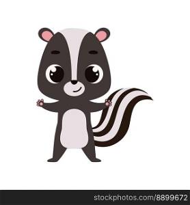 Cute little skunk on white background. Cartoon animal character for kids cards, baby shower, invitation, poster, t-shirt composition, house interior. Vector stock illustration