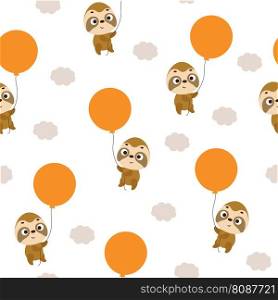 Cute little sloth flying on balloon seamless childish pattern. Funny cartoon animal character for fabric, wrapping, textile, wallpaper, apparel. Vector illustration