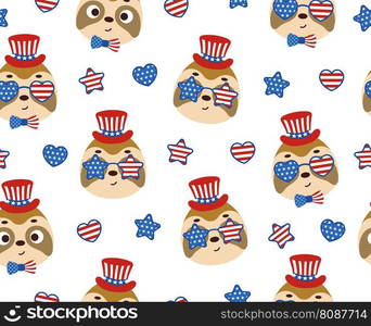 Cute little sloth head in USA patriotic hat seamless childish pattern. Funny cartoon animal character for fabric, wrapping, textile, wallpaper, apparel. Vector illustration