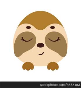 Cute little sloth head with closed eyes. Cartoon animal character for kids t-shirts, nursery decoration, baby shower, greeting card, invitation, house interior. Vector stock illustration
