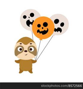 Cute little sloth holding Halloween balloons. Cartoon animal character for kids t-shirts, nursery decoration, baby shower, greeting card, invitation. Vector stock illustration