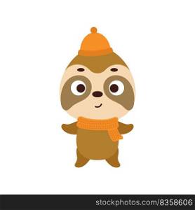 Cute little sloth in hat and scarf. Cartoon animal character for kids t-shirts, nursery decoration, baby shower, greeting card, invitation, house interior. Vector stock illustration
