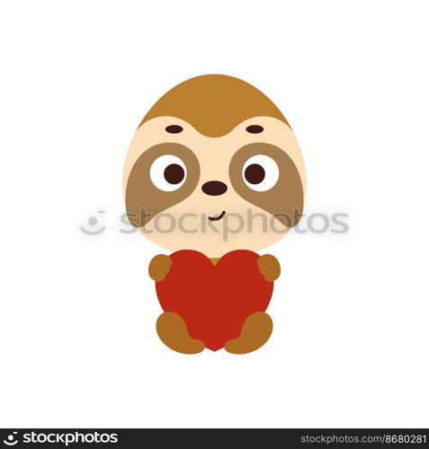 Cute little sloth sitting and holding heart on white background. Cartoon animal character for kids t-shirt, nursery decoration, baby shower, greeting card, house interior. Vector stock illustration