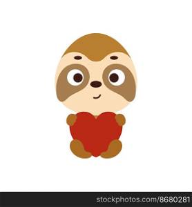 Cute little sloth sitting and holding heart on white background. Cartoon animal character for kids t-shirt, nursery decoration, baby shower, greeting card, house interior. Vector stock illustration