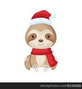 Cute little sloth sitting in a Santa hat and red scarf. Cartoon animal character for kids t-shirts, nursery decoration, baby shower, greeting card, invitation. Isolated vector stock illustration