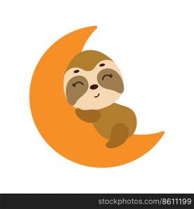 Cute little sloth sleeping on moon. Cartoon animal character for kids t-shirt, nursery decoration, baby shower, greeting cards, invitations, house interior. Vector stock illustration