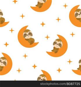 Cute little sloth sleeping on moon seamless childish pattern. Funny cartoon animal character for fabric, wrapping, textile, wallpaper, apparel. Vector illustration