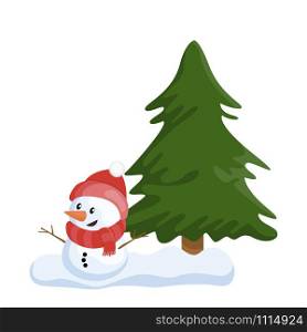 Cute little snowmaan and Christmas tree. cartoon vector illustration