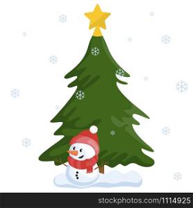 Cute little snowmaan and Christmas tree. cartoon vector illustration