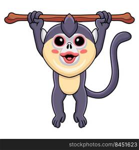 Cute little snub nosed monkey cartoon hanging on tree