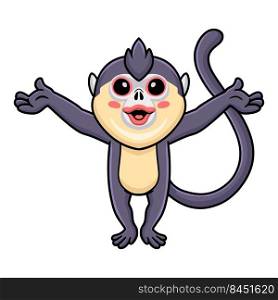 Cute little snub nosed monkey cartoon raising hands