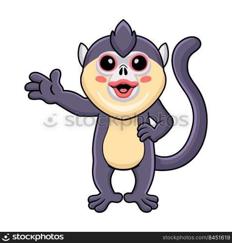 Cute little snub nosed monkey cartoon waving hand