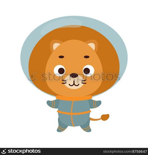 Cute little spaceman lion on white background. Cartoon animal character for kids t-shirts, nursery decoration, baby shower, greeting card, invitation, house interior. Vector stock illustration