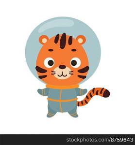 Cute little spaceman tiger on white background. Cartoon animal character for kids t-shirts, nursery decoration, baby shower, greeting card, invitation, house interior. Vector stock illustration