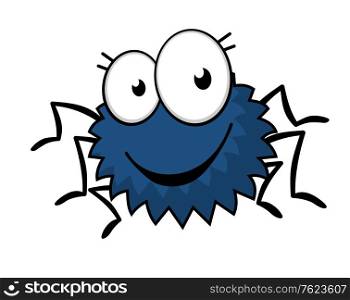 Cute little spiky cartoon spider with six legs, large googly eyes and a happy grin, vector illustration isolated on white