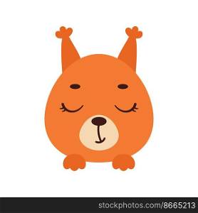 Cute little squirrel face with closed eyes. Cartoon animal character for kids t-shirts, nursery decoration, baby shower, greeting card, invitation, house interior. Vector stock illustration