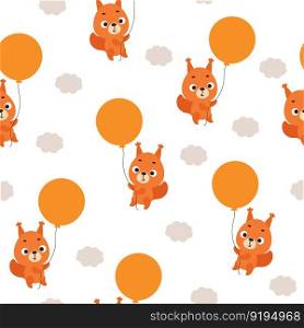 Cute little squirrel flying on balloon seamless childish pattern. Funny cartoon animal character for fabric, wrapping, textile, wallpaper, apparel. Vector illustration