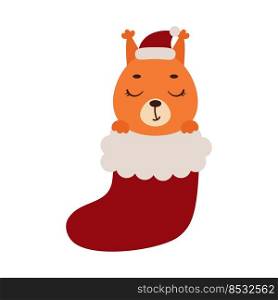 Cute little squirrel in Christmas sock. Cartoon animal character for kids cards, baby shower, invitation, poster, t-shirt composition, house interior. Vector stock illustration.