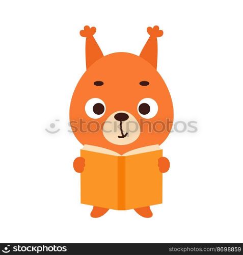 Cute little squirrel reading book on white background. Cartoon animal character for kids t-shirt, nursery decoration, baby shower, greeting card, house interior. Vector stock illustration
