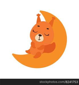 Cute little squirrel sleeping on moon. Cartoon animal character for kids t-shirt, nursery decoration, baby shower, greeting cards, invitations, house interior. Vector stock illustration