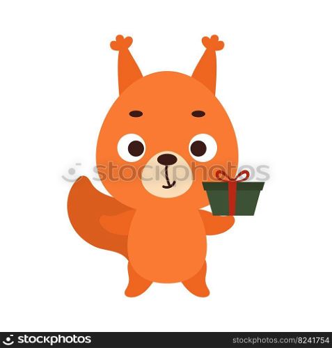 Cute little squirrel with gift box on white background. Cartoon animal character for kids t-shirt, nursery decoration, baby shower, greeting card, invitation, house interior. Vector stock illustration
