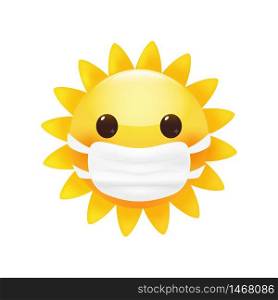 Cute little sun in a face protective mask. Anti virus concept. Bright cartoon style. Premium vector.