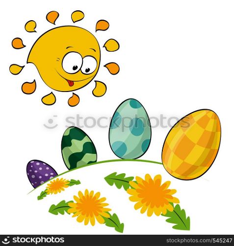 Cute little sun looking at easter eggs. Vector illustration