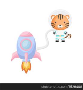 Cute little tiger astronaut flying in open space. Graphic element for childrens book, album, scrapbook, postcard, invitation. Flat vector stock illustration isolated on white background.