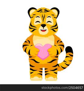 Cute little Tiger character hold heart isolated. Happy club cartoon striped tiger fall in love. Vector design for print, children decor, book illustration. Funny animals sticker for showing emotion.. Cute little Tiger character hold heart isolated. Happy club cartoon striped tiger fall in love.