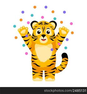 Cute little Tiger characters with confetti isolated. Happy cub cartoon striped red tiger. Vector design for print, children decor, book illustration, nursery. Funny animal sticker for showing emotion.. Cute little Tiger characters with confetti isolated. Happy cub cartoon striped red tiger.
