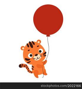 Cute little tiger flying on red balloon. Cartoon animal character for kids cards, baby shower, invitation, poster, t-shirt composition, house interior. Vector stock illustration.