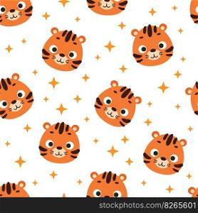 Cute little tiger head seamless childish pattern. Funny cartoon animal character for fabric, wrapping, textile, wallpaper, apparel. Vector illustration