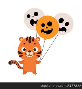 Cute little tiger holding Halloween balloons. Cartoon animal character for kids t-shirts, nursery decoration, baby shower, greeting card, invitation. Vector stock illustration