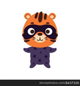 Cute little tiger in a Halloween costume. Cartoon animal character for kids t-shirts, nursery decoration, baby shower, greeting card, invitation, house interior. Vector stock illustration