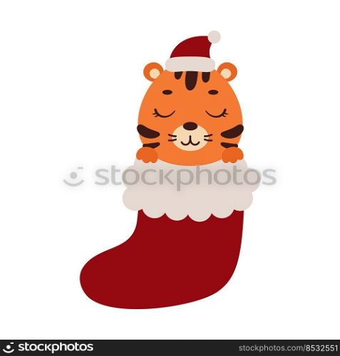 Cute little tiger in Christmas sock. Cartoon animal character for kids cards, baby shower, invitation, poster, t-shirt composition, house interior. Vector stock illustration.
