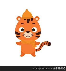 Cute little tiger in hat and scarf. Cartoon animal character for kids t-shirts, nursery decoration, baby shower, greeting card, invitation, house interior. Vector stock illustration