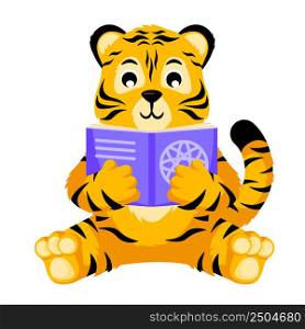 Cute little Tiger isolated reading book. Happy character cartoon tiger cub learning. Vector design for print, children decor, book illustration. Funny animals sticker for showing emotion.. Cute little Tiger isolated reading book. Happy character cartoon tiger cub learning.