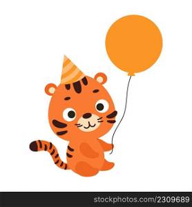 Cute little tiger on birthday hat keep balloon on white background. Cartoon animal character for kids cards, baby shower, invitation, poster, t-shirt composition, house interior. Vector stock illustration.