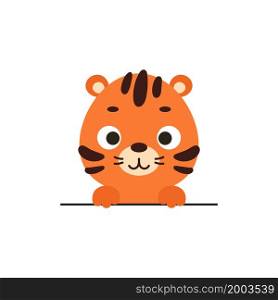 Cute little tiger on white background. Cartoon animal character for kids cards, baby shower, invitation, poster, t-shirt composition, house interior. Vector stock illustration.