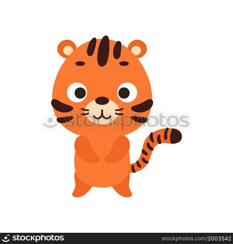 Cute little tiger on white background. Cartoon animal character for kids cards, baby shower, invitation, poster, t-shirt composition, house interior. Vector stock illustration.