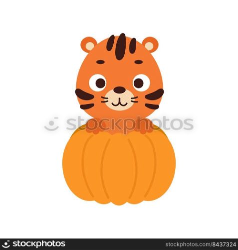 Cute little tiger sitting in a pumpkin. Cartoon animal character for kids t-shirts, nursery decoration, baby shower, greeting card, invitation. Vector stock illustration