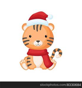 Cute little tiger sitting in a Santa hat and red scarf. Cartoon animal character for kids t-shirts, nursery decoration, baby shower, greeting card, invitation. Isolated vector stock illustration