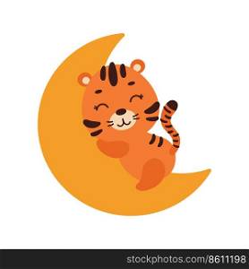 Cute little tiger sleeping on moon. Cartoon animal character for kids t-shirt, nursery decoration, baby shower, greeting cards, invitations, house interior. Vector stock illustration