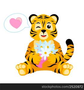 Cute little Tiger wink character isolated. Happy club cartoon striped tiger fall in love. Vector design for print, children decor, book illustration. Funny animals sticker for showing emotion.. Cute little Tiger wink character isolated. Happy club cartoon striped tiger fall in love.