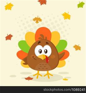 Cute Little Turkey Bird with Falling Leaves. Flat Vector Illustration With Background