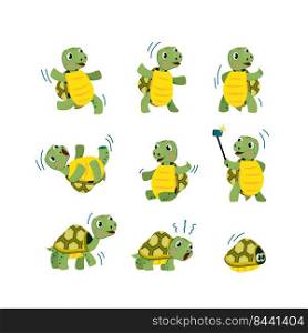 Cute little turtle flat icon set. Cartoon smiling animal character dancing, walking and having fun isolated vector illustration collection. Mascot and tortoise concept