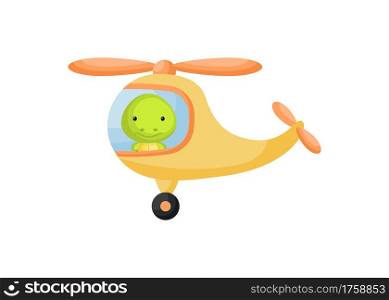 Cute little turtle pilot in yellow helicopter. Cartoon character for childrens book, album, baby shower, greeting card, party invitation, house interior. Vector stock illustration.