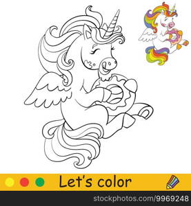 Cute little unicorn eating a doughnut. Coloring book page with colorful template. Vector cartoon illustration isolated on white background. For coloring book, preschool education, print, design, game. Coloring vector cute little unicorn eating a doughnut